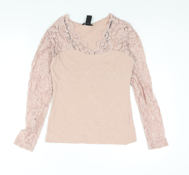 H&M Womens Pink Cotton Basic Blouse Size S V-Neck - Lace