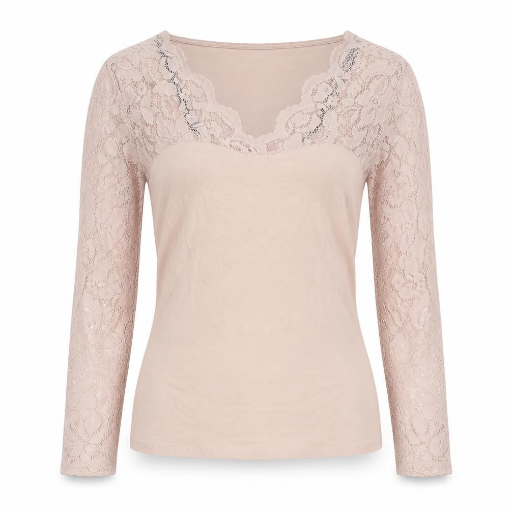 Front view of H&M women’s pink cotton basic blouse, size S, v-neck - lace