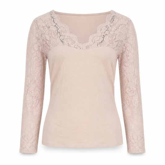 Front view of H&M women’s pink cotton basic blouse, size S, v-neck - lace
