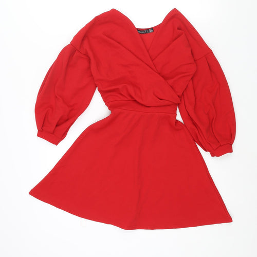Boohoo Womens Red Polyester A-Line Size 4 V-Neck Pullover - Belted