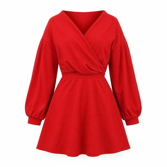 Front view of Boohoo women’s red polyester a-line, size UK 4, v-neck pullover - belted