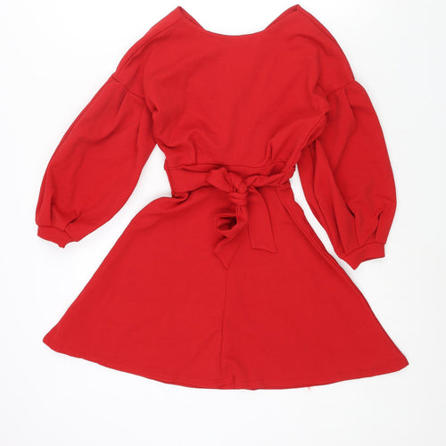 Boohoo Womens Red Polyester A-Line Size 4 V-Neck Pullover - Belted