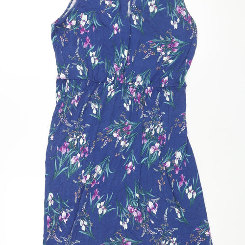 Oasis Womens Blue Floral Viscose Shift Size M Round Neck Button - V Neck Cut Out