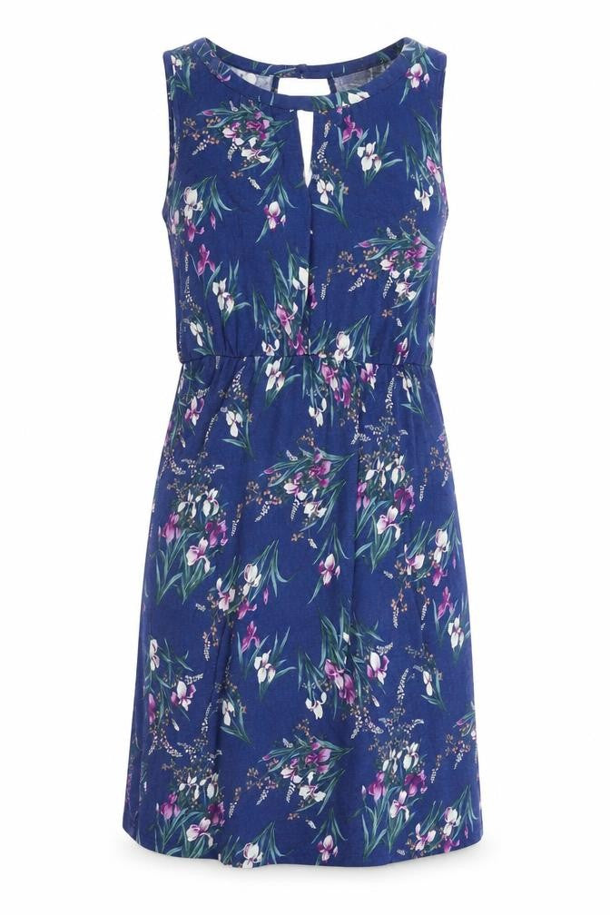Oasis Womens Blue Floral Viscose Shift Size M Round Neck Button - V Neck Cut Out
