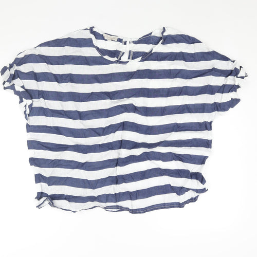 Bella Umbra Womens Blue Striped Linen Basic Blouse Size L Round Neck