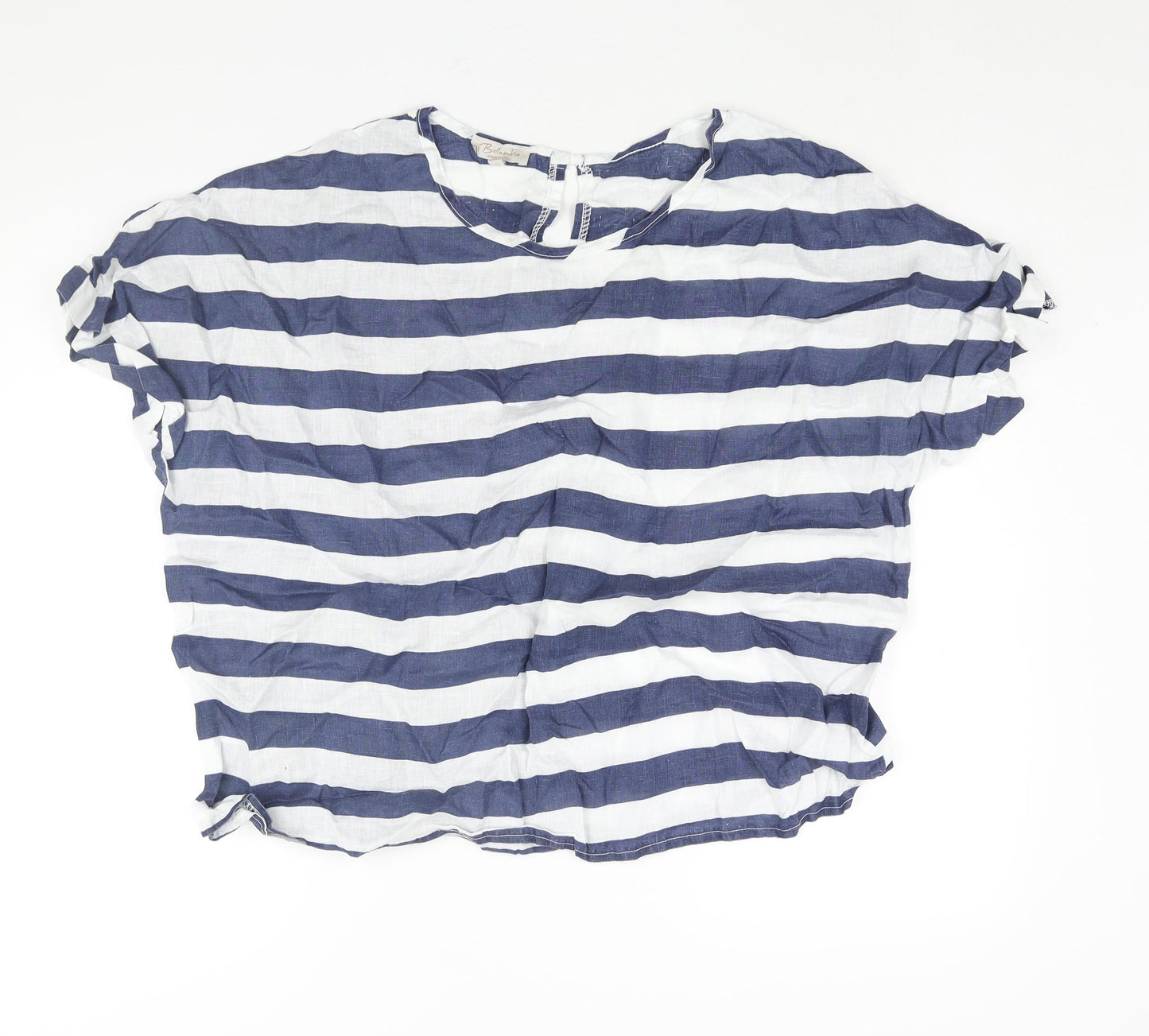 Bella Umbra Womens Blue Striped Linen Basic Blouse Size L Round Neck