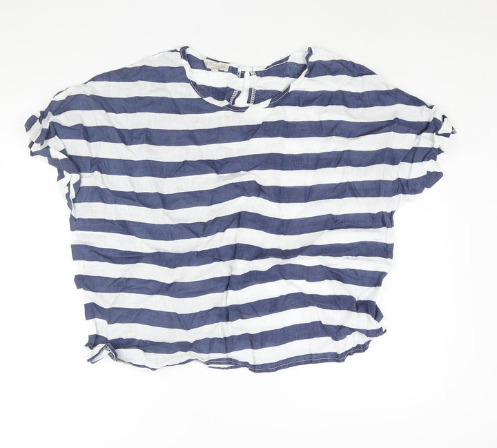 Bella Umbra Womens Blue Striped Linen Basic Blouse Size L Round Neck