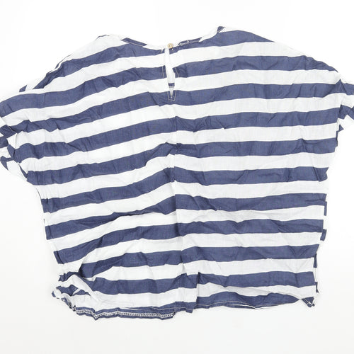 Bella Umbra Womens Blue Striped Linen Basic Blouse Size L Round Neck
