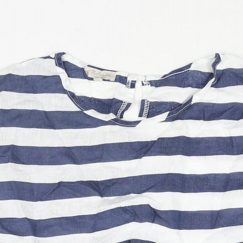 Bella Umbra Womens Blue Striped Linen Basic Blouse Size L Round Neck