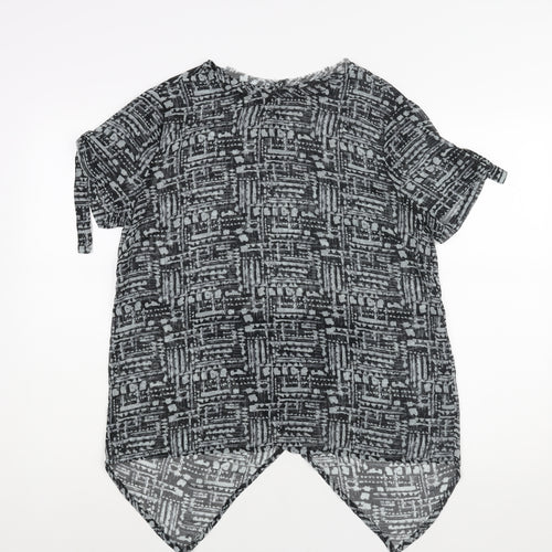 Label Lab Womens Grey Geometric Polyester Basic Blouse Size 14 Round Neck - Hi-Low Hem Buckle Detail
