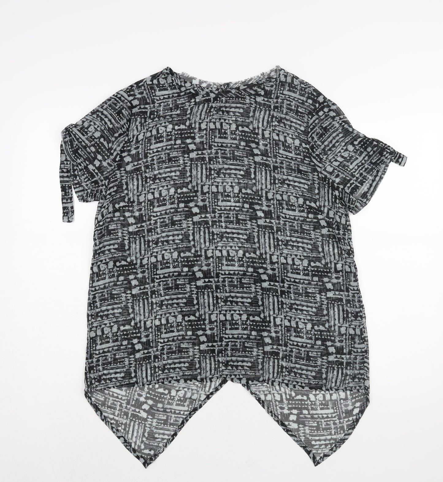 Label Lab Womens Grey Geometric Polyester Basic Blouse Size 14 Round Neck - Hi-Low Hem Buckle Detail
