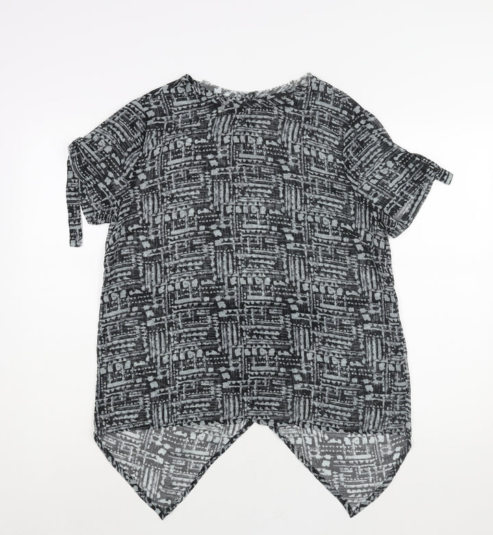 Label Lab Womens Grey Geometric Polyester Basic Blouse Size 14 Round Neck - Hi-Low Hem Buckle Detail