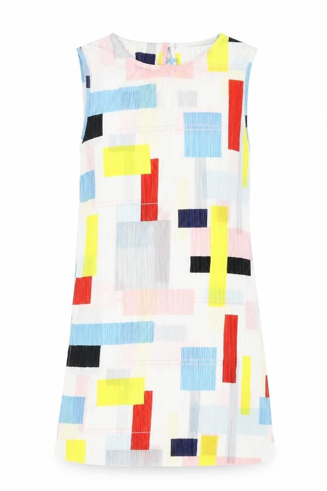 Front view of Next women’s multicoloured geometric polyester tunic blouse, size UK 8, round neck - side slits