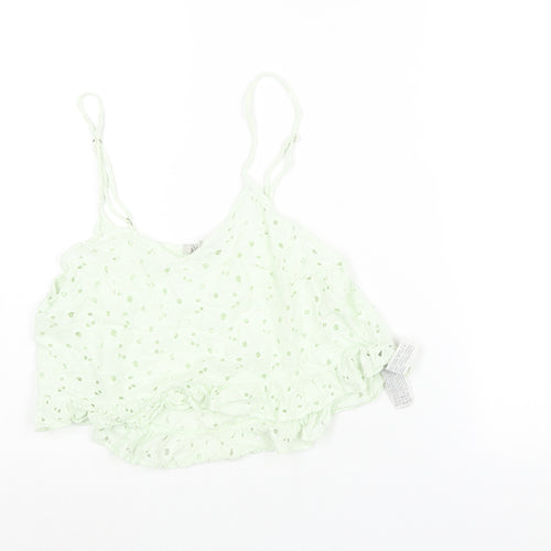 Zara Womens Green Cotton Cropped Blouse Size M Scoop Neck - Frill