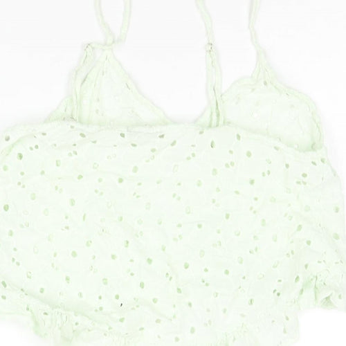 Zara Womens Green Cotton Cropped Blouse Size M Scoop Neck - Frill