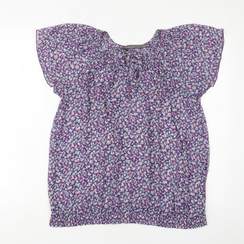 Zara Womens Purple Floral Polyester Basic T-Shirt Size L Collared - Keyhole neck