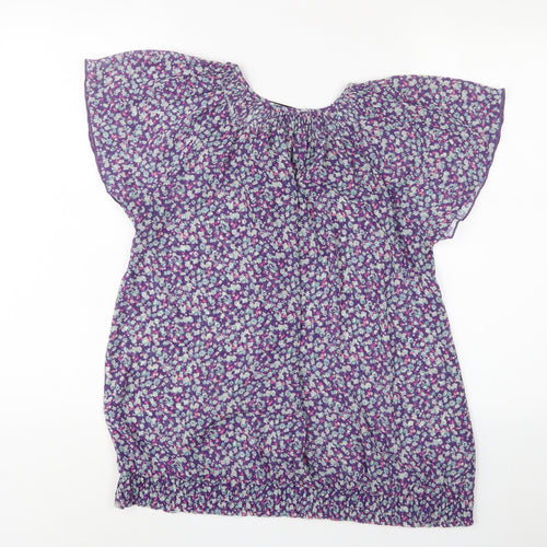 Zara Womens Purple Floral Polyester Basic T-Shirt Size L Collared - Keyhole neck
