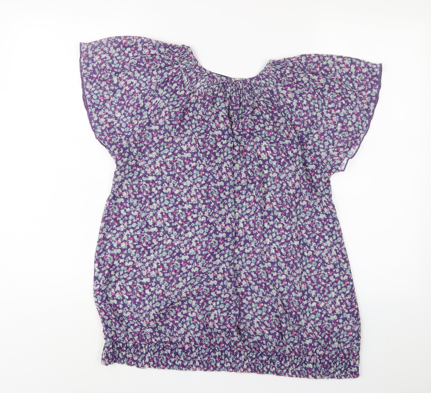Zara Womens Purple Floral Polyester Basic T-Shirt Size L Collared - Keyhole neck