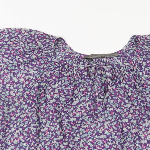 Zara Womens Purple Floral Polyester Basic T-Shirt Size L Collared - Keyhole neck