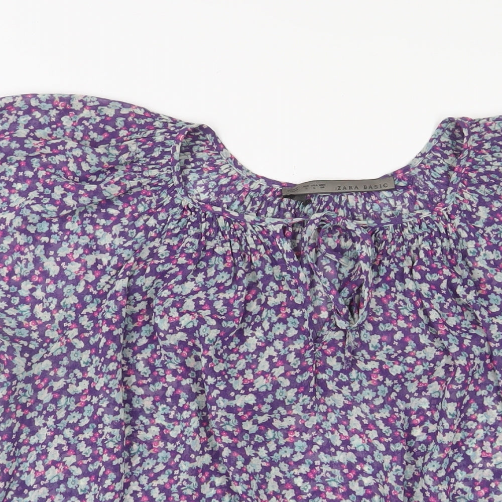 Zara Womens Purple Floral Polyester Basic T-Shirt Size L Collared - Keyhole neck