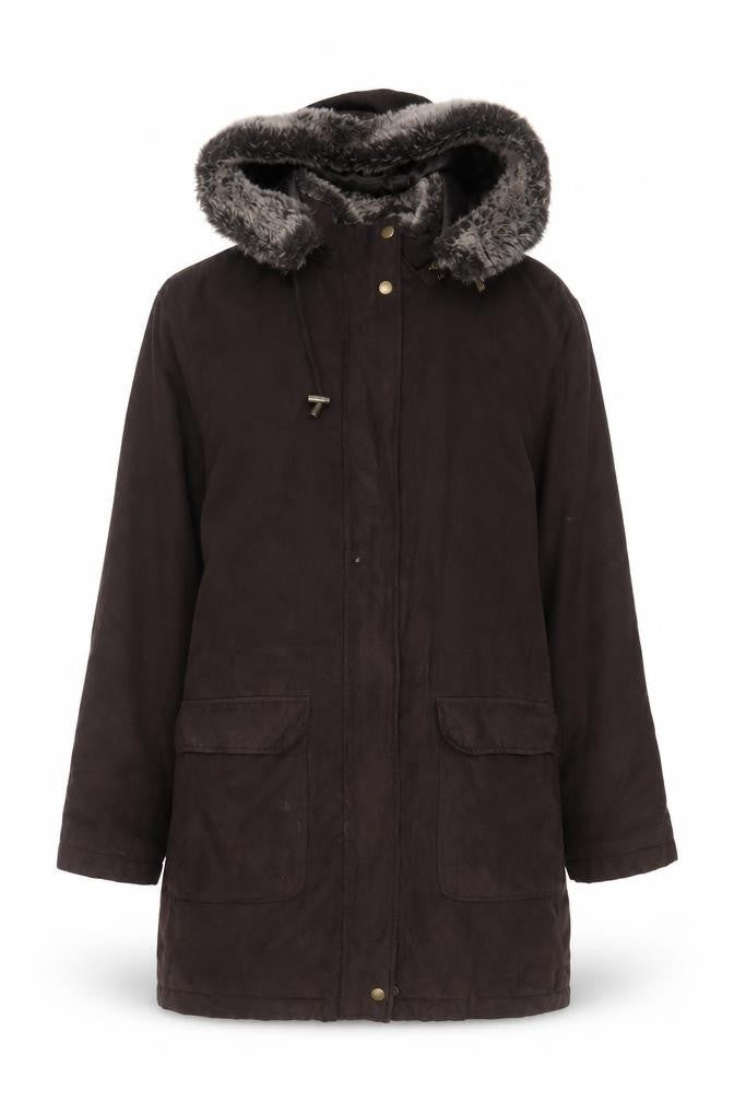 Front view of Debenhams women’s brown jacket coat, size UK 10, zip - pockets