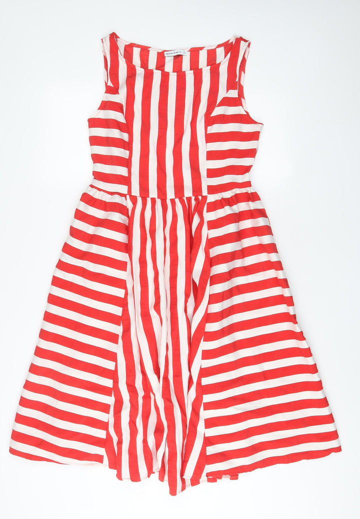 Marina Kaneva Womens Red Striped Polyester A-Line Size 12 Scoop Neck Pullover