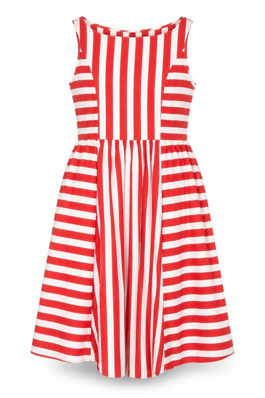 Front view of Marina Kaneva women’s red striped polyester a-line, size UK 12, scoop neck pullover