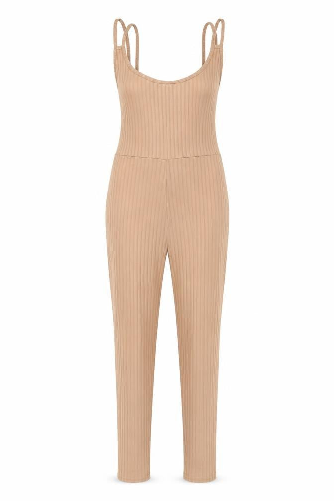 Front view of PRETTYLITTLETHING ' women’s beige polyester jumpsuit one-piece, size UK 8, 30-inch leg pullover