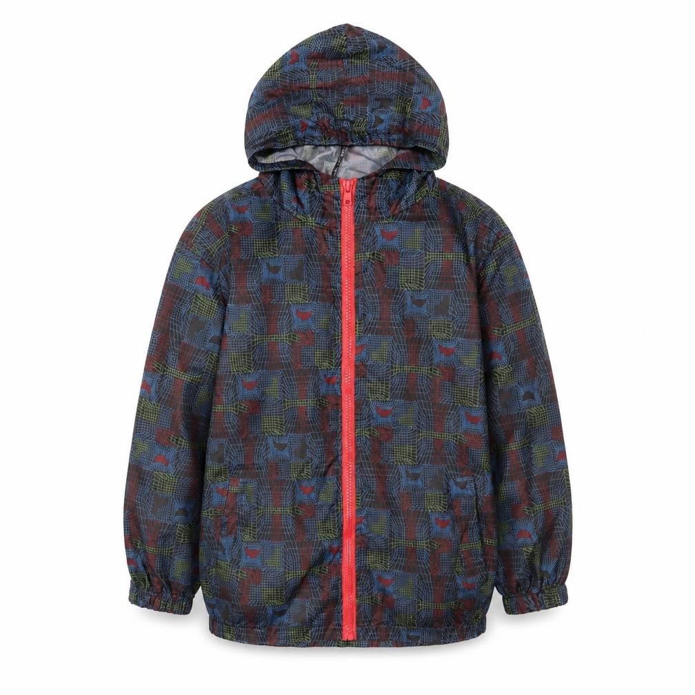 Front view of Avenue boys’ multicoloured geometric jacket, size 7-8, years zip