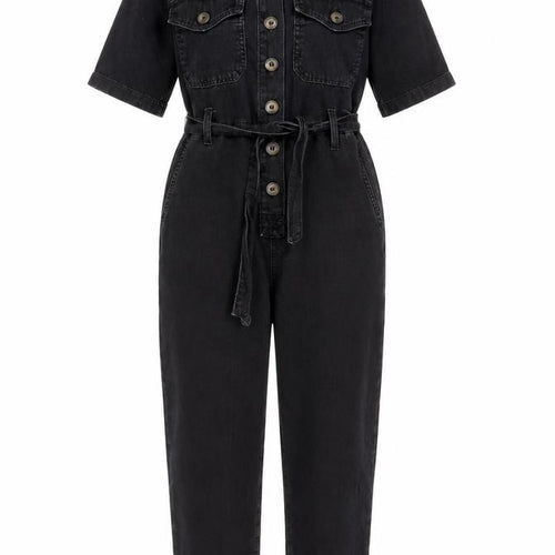 Denim & Co. Womens Black Cotton Jumpsuit One-Piece Size 6 L28 in Button - Belted