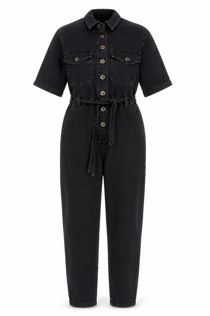 Denim & Co. Womens Black Cotton Jumpsuit One-Piece Size 6 L28 in Button - Belted