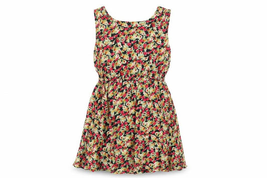 Front view of AX Paris women’s multicoloured floral cotton a-line, size UK 8, scoop neck pullover