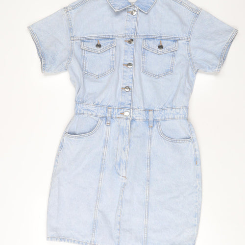 Denim & Co. Womens Blue Cotton A-Line Size S Collared Zip