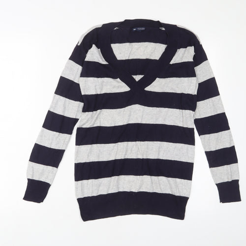 Gap Womens Blue V-Neck Striped Cotton Pullover Jumper Size XS