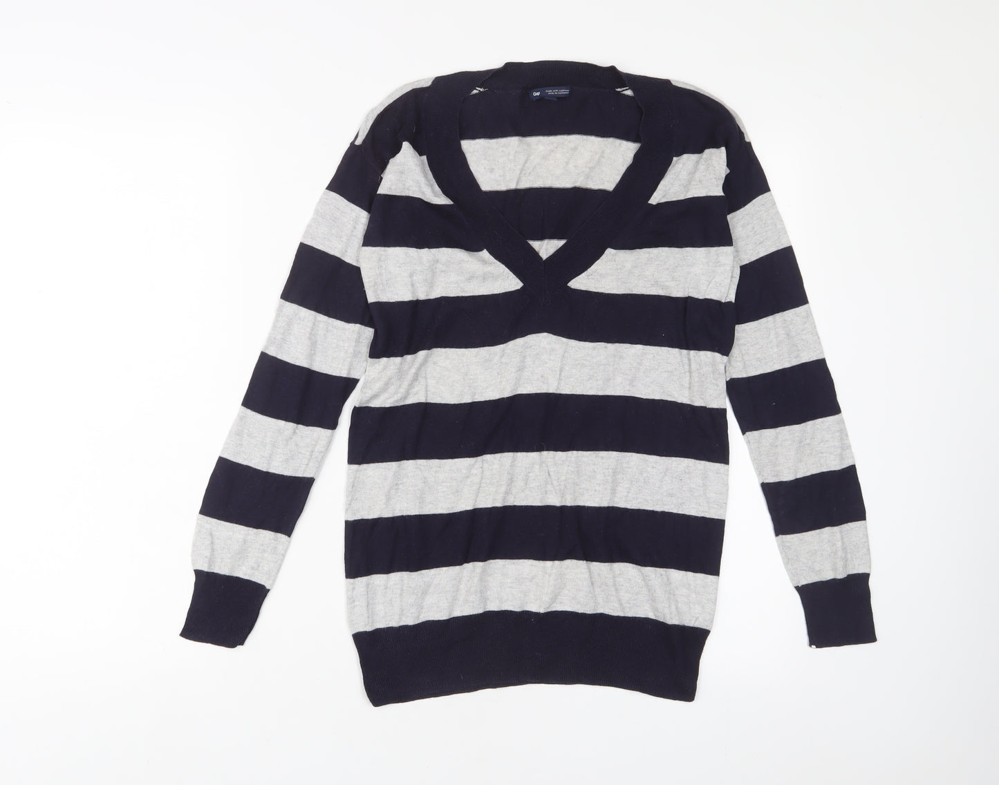 Gap Womens Blue V-Neck Striped Cotton Pullover Jumper Size XS