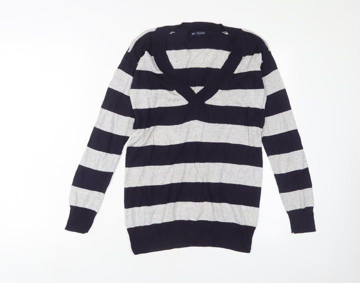 Gap Womens Blue V-Neck Striped Cotton Pullover Jumper Size XS