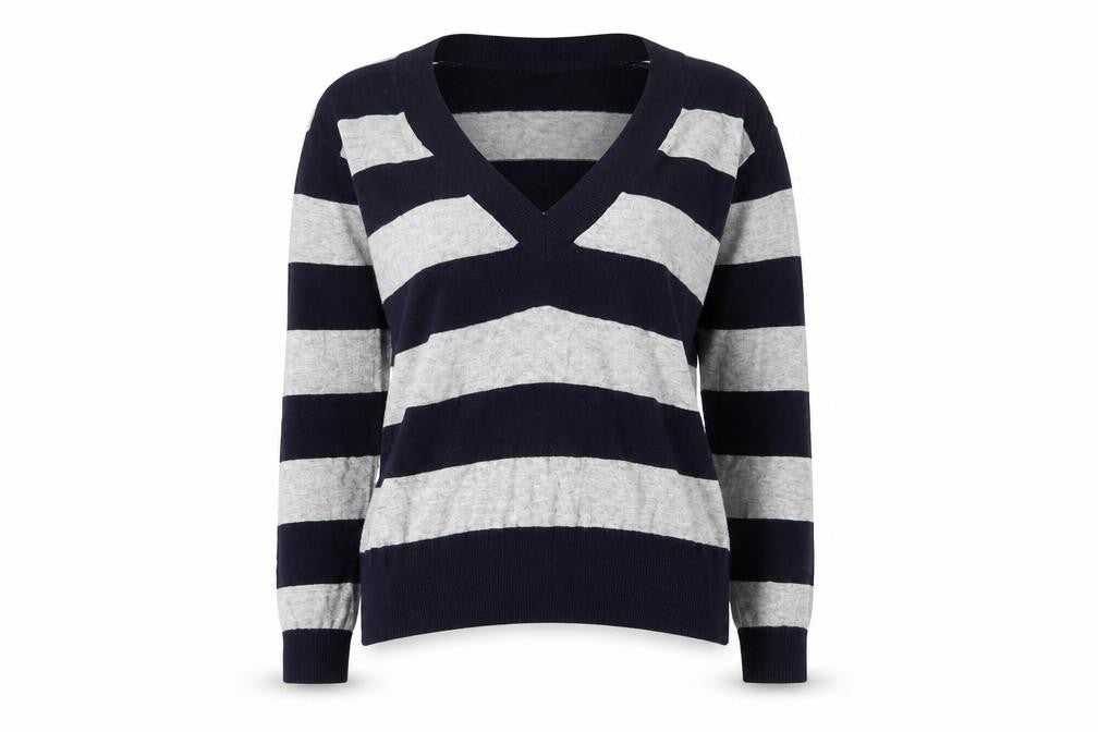 Front view of Gap women’s blue v-neck striped cotton jumper, size XS