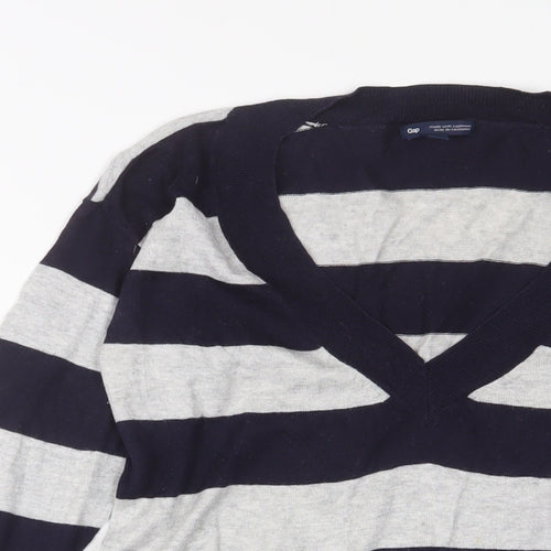 Gap Womens Blue V-Neck Striped Cotton Pullover Jumper Size XS