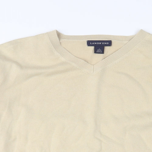 Lands' End Mens Beige V-Neck Cotton Pullover Jumper Size M Long Sleeve