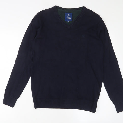 TOM TAILOR Mens Blue V-Neck Cotton Pullover Jumper Size M Long Sleeve