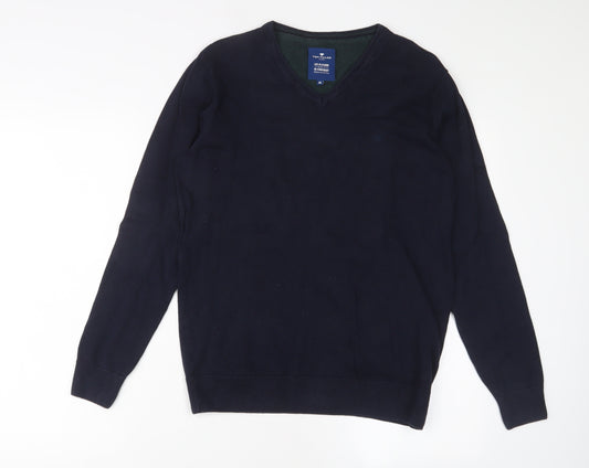 TOM TAILOR Mens Blue V-Neck Cotton Pullover Jumper Size M Long Sleeve