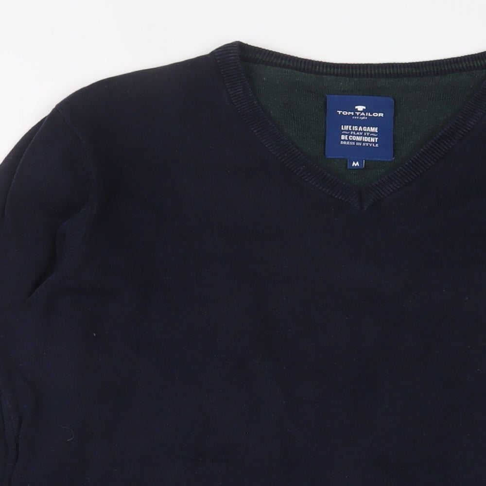 TOM TAILOR Mens Blue V-Neck Cotton Pullover Jumper Size M Long Sleeve