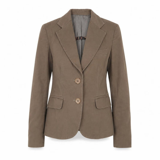 Front view of Picci Morra women’s brown jacket blazer, size UK 12, button