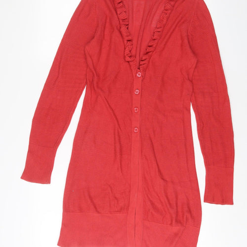 ELLE Womens Red V-Neck Cotton Cardigan Jumper Size M