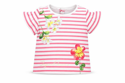 Front view of Mayoral girls’ pink striped cotton basic t-shirt, size 12, months crew neck snap