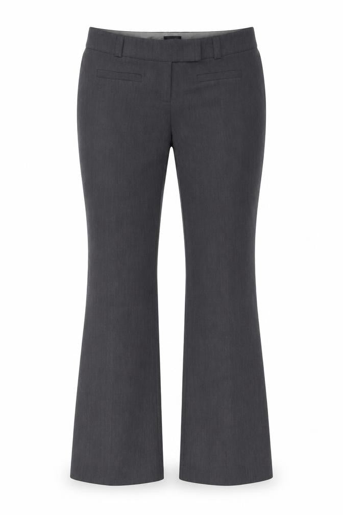 Front view of Topshop women’s grey polyester trousers, size UK 10, 30-inch leg regular hook & eye