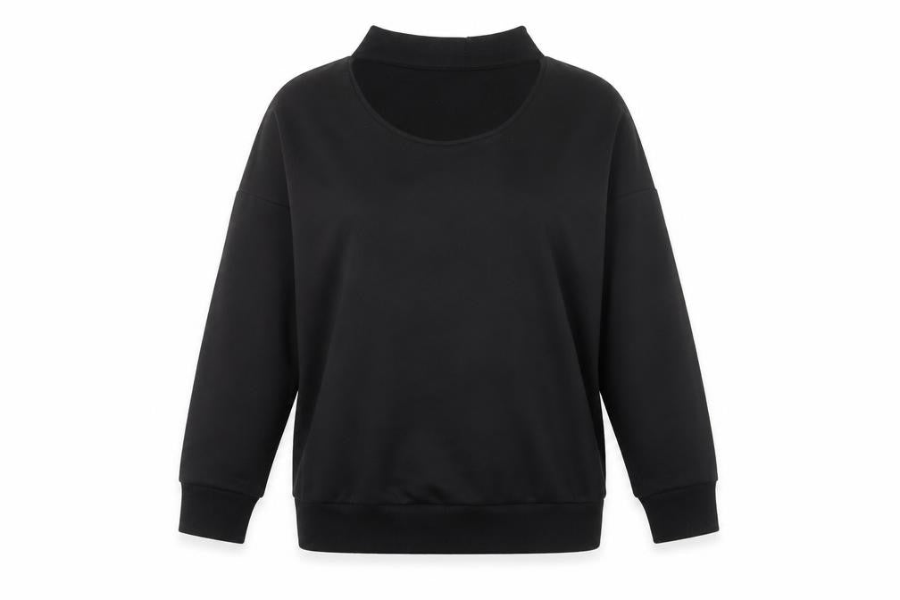 Front view of Boohoo women’s black polyester pullover sweatshirt, size UK 14, pullover - keyhole neck
