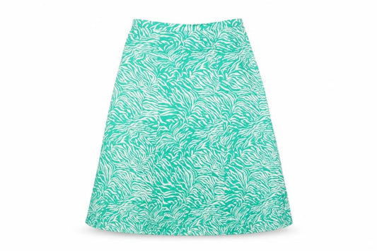 Front view of Marks & Spencer women’s green animal print viscose bandage skirt, size UK 14, zip
