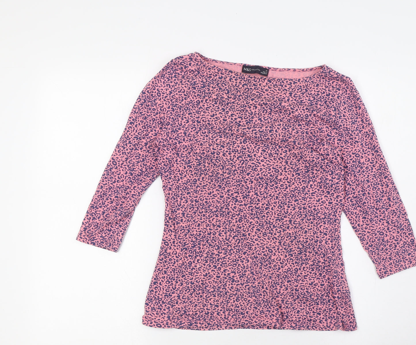 Marks and Spencer Womens Pink Animal Print Cotton Basic Blouse Size 12 Boat Neck