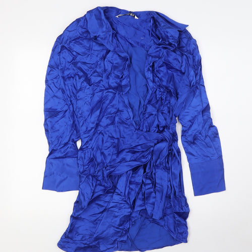 Zara Womens Blue Viscose Wrap Dress Size M V-Neck Tie - Collared